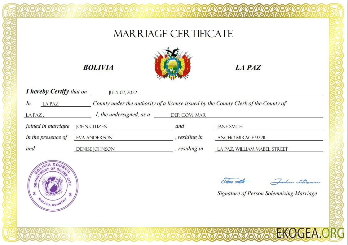 Modèle Word et PDF d'acte de mariage en Bolivie
